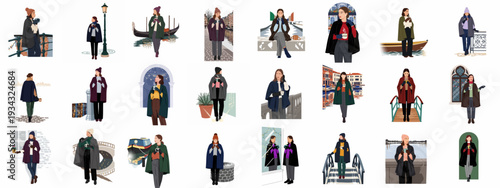 Stylish women in winter capes sipping hot vegan drinks across picturesque European city scenes and canals.