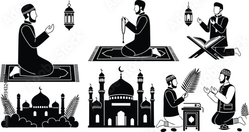 Flat silhouette montage of muslim worshipers praying reading quran with sajjadah tasbih mosque lanterns palms celebrating ramadan devotional serene side view close up kneeling