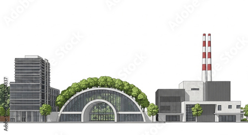 Modern Industrial Buildings with Green Roof and Smokestack.