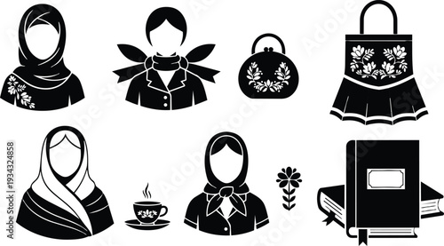 Illustrated folk style flat black silhouettes icons of women wearing headscarves and neck scarves close up holding embroidered purse teacup and stacked books with floral motifs