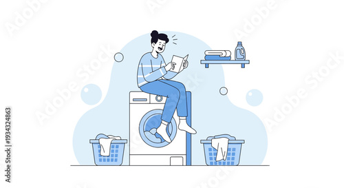 Person Reading Book While Sitting on Washing Machine with Laundry Baskets