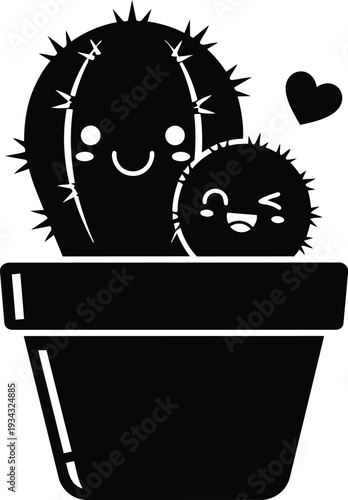 Cartoon smiling cactus pair in terracotta pot close up front view with playful heart symbol cute kawaii faces and simple black silhouette style vector icon design