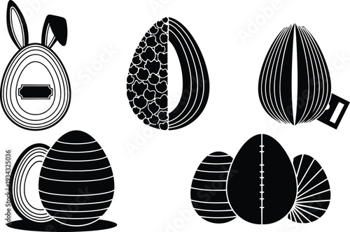 Minimalist silhouette close up decorated easter eggs and egg halves with bunny ears arranged on white background high contrast composition vector style simple patterns striped dotted
