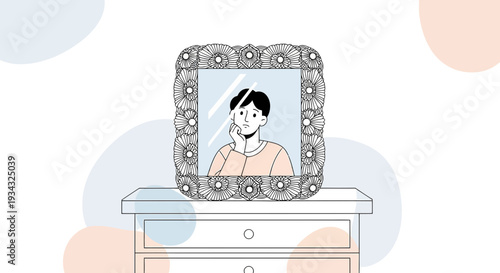 Person Reflecting in Ornate Mirror on Dresser, Minimalist Line Art