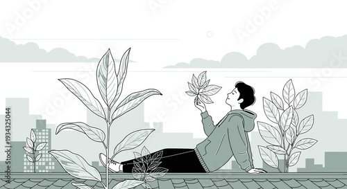 Person Relaxing Amidst Nature and Cityscape, Urban Gardening Concept