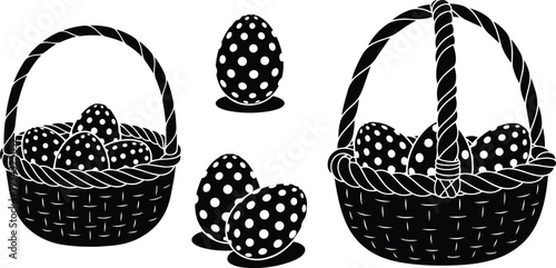 Silhouette easter baskets with spotted eggs close up low angle woven handle looking at camera studio white background overhead composition strong shadow minimalist vector black white