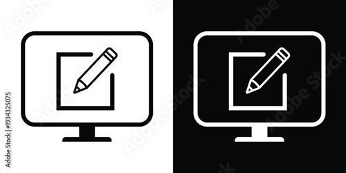 Computer monitor with a pencil and document icon. Black and white vector set for content creation, digital editing, writing, blogging, and system update symbols.