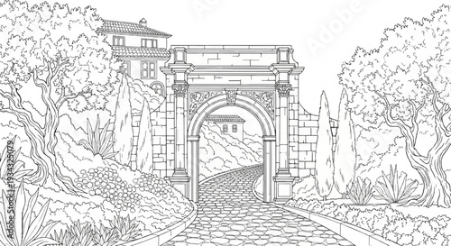 Ancient stone archway opens to a winding cobblestone path through lush gardens