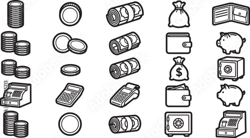 Black and white graphic of financial elements, perfect for illustrating financial concepts, business themes, or economic design.