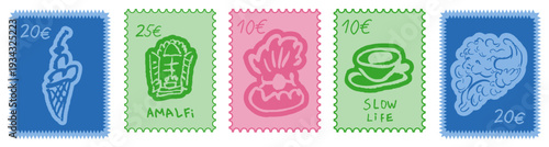 Vintage postage stamps and travel mail icons for creative postcard design