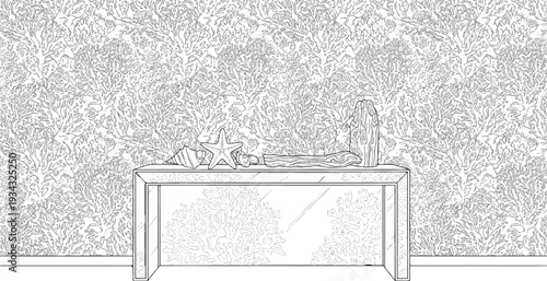 Coastal-themed still life with coral wallpaper, mirrored table, and seashells