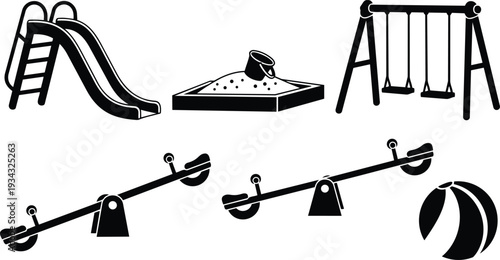 Monochrome playground icon set top view children slide sandbox swings seesaws and ball isolated on white background simple flat silhouette bold minimal vector