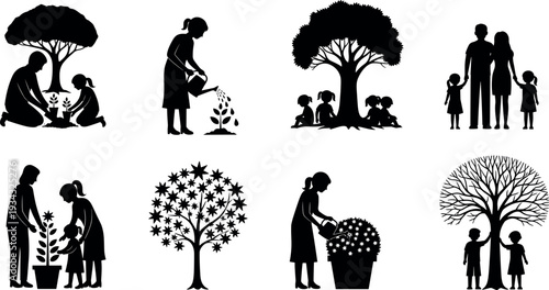 Family gardening and tree care silhouettes collection showing parents and children planting, watering plants, relaxing under trees and enjoying nature in sustainable lifestyle