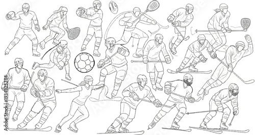 Collection of athletes engaged in various winter and racket sports