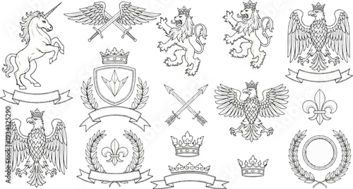 Collection of heraldic crests and emblems featuring mythical creatures, regal animals, and symbols of power