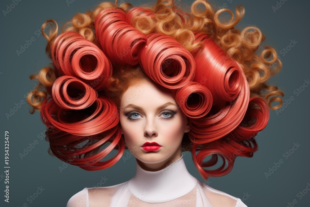 Obraz premium Studio portrait of a fashion model with a creative red hairstyle and makeup