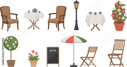 Flat minimalist European cafe patio set, outdoor bistro furniture illustration with tables, chairs, umbrella and plants