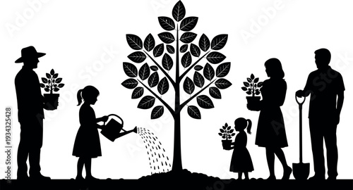 Family planting and watering tree silhouettes showing parents and children caring for plants together, promoting environmental awareness, sustainable living and love for nature