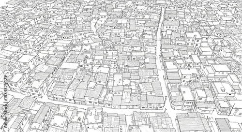 Dense, densely packed, sketch-style urban dwellings with narrow pathways