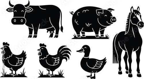 Black silhouette farm animal icons close up cow pig horse chicken rooster and duck standing in profile high contrast vector set for signage with grass bases