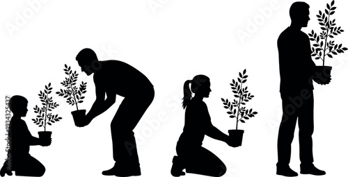 Family holding young plants silhouettes showing parents and children caring for potted trees symbolizing environmental responsibility, gardening education and sustainable green lifestyle