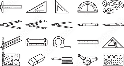 An array of essential drafting tools, meticulously illustrated in a detailed, black-and-white graphic, captures the essence of design and precision.