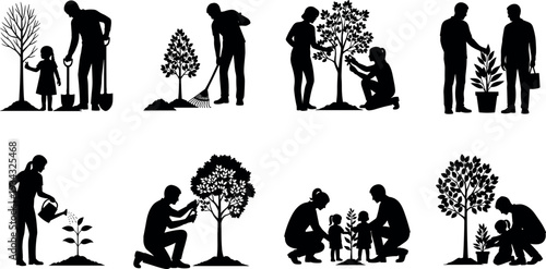 Family planting trees and gardening silhouettes collection showing parents and children nurturing plants, environmental care, eco friendly lifestyle, sustainable nature conservation activities