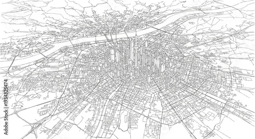 Detailed aerial sketch of a dense urban cityscape with a central river and skyscrapers