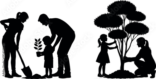 Family planting tree and gardening together silhouettes showing parents teaching children environmental care, sustainability and love for nature through outdoor green activities