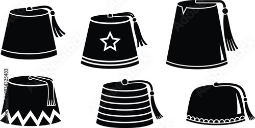 Flat vector black fez hat icons six silhouette variations close up angled view tassel details ornamental bands and geometric trim for vintage costume illustration collection design