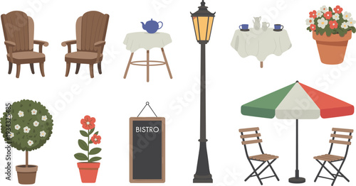 Flat minimalist outdoor cafe furniture set, European bistro patio decor illustration with chairs, tables, plants and lantern