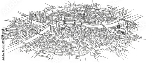 Detailed aerial sketch of a sprawling city with a winding river and varied architecture