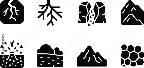 Geology and natural disaster icon set, earthquake volcano landslide rock crack erosion silhouette symbols collection