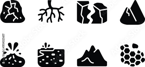 Geology and natural hazard icon set, earthquake volcano landslide cracked earth rock silhouette symbols collection
