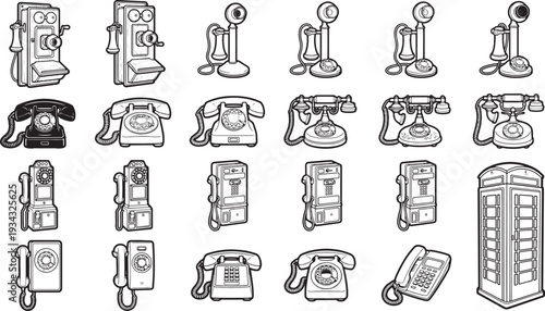 A collection of vintage telephones and phone booth illustrated, each with a unique design, displayed in a black and white graphic. 