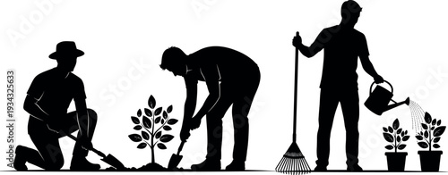 Gardener working in garden silhouettes collection showing planting, digging soil, raking leaves and watering plants representing horticulture, landscaping and home gardening activities