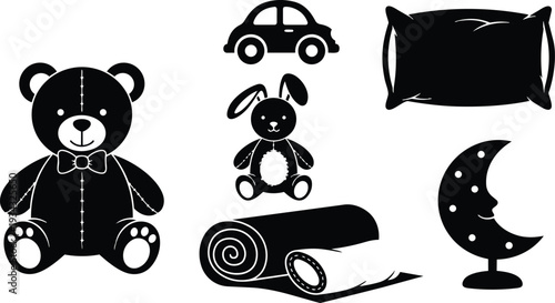 Silhouette toy set close up teddy bear and bunny sitting with toy car rolled rug pillow and moon lamp studio flat lighting playful minimal vector