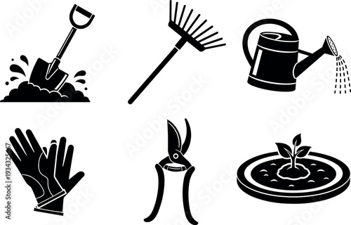 Gardening tools and equipment icons set featuring shovel, rake, watering can, gloves, pruning shears and plant bed representing garden care and horticulture activities