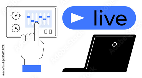 Live streaming, digital audio, content creation, online broadcasting, technology, media. Hand adjusting audio mixer settings, play button and laptop. Live streaming and digital audio concept