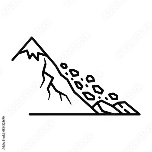 A bold minimalist illustration of a rugged mountain slope dramatically splitting apart to reveal a chaotic inner structure of fractured rock and jagged terrain