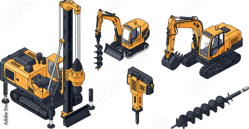 Heavy construction drilling and excavation machinery set with excavators auger drill pile driver hydraulic breaker equipment for mining foundation engineering and industrial construction projects