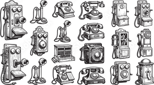 A collection of vintage telephone illustrations showcasing the evolution of communication technology.