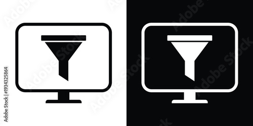 Computer monitor with a funnel filter icon. Vector black and white symbols for data sorting, search optimization, refining results, and information management on digital displays.