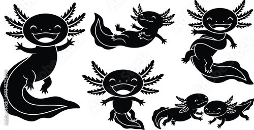 Flat vector silhouette axolotl characters in multiple playful poses smiling facing camera black illustrations on white background close up whimsical aquatic amphibian sticker set