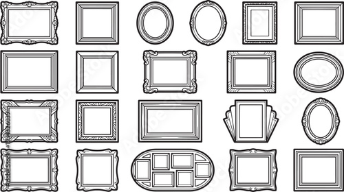 A collection of vintage picture frames showcasing a variety of styles, shapes and designs, set against a classic layout.