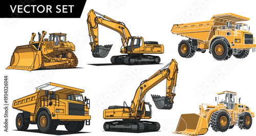 Heavy construction machinery vector set featuring excavator bulldozer wheel loader and dump truck industrial equipment vehicles for mining building and engineering projects