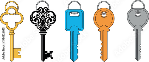 House key collection with vintage decorative key and modern metal door keys isolated vector illustration set for security locksmith access concept