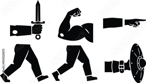 Silhouette flat icons close up walking legs and running legs with sword wielding arm pointing hand flexing bicep and round shield isolated white low angle front