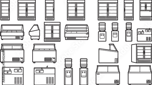 A collection of illustrative line art drawings of various commercial refrigeration and cooler appliances.