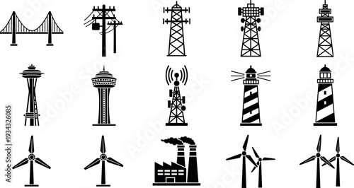 Infrastructure and energy industry icon set featuring bridge power lines communication towers lighthouse factory wind turbines and transmission pylons isolated black silhouette vector illustration